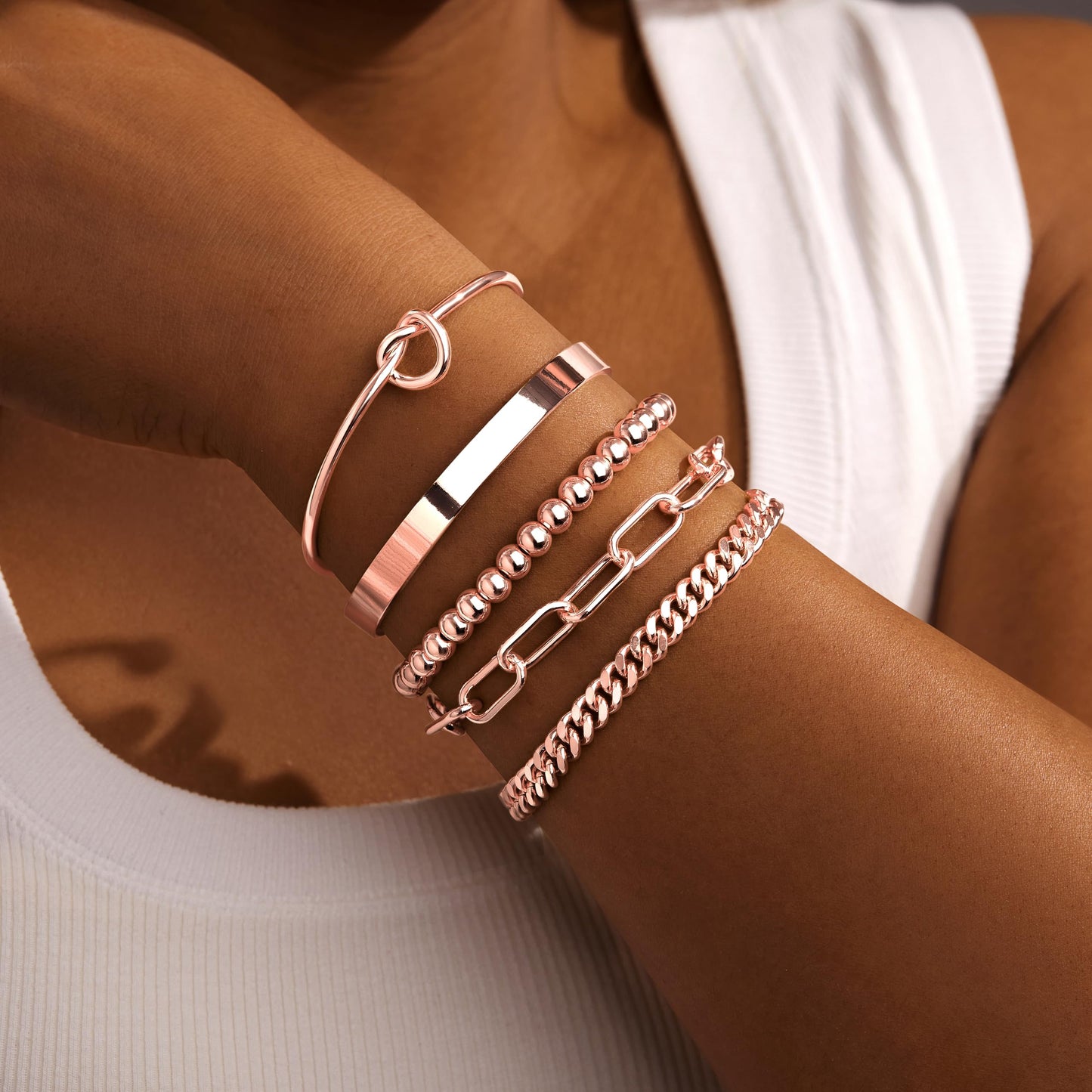 Gokeey Rose Gold Bracelets for Women Non Tarnish Waterproof Rose Gold Bracelets Stack Dainty Cuff Paperclip Bead Cuban Layered Chain for Jewelry Gifts