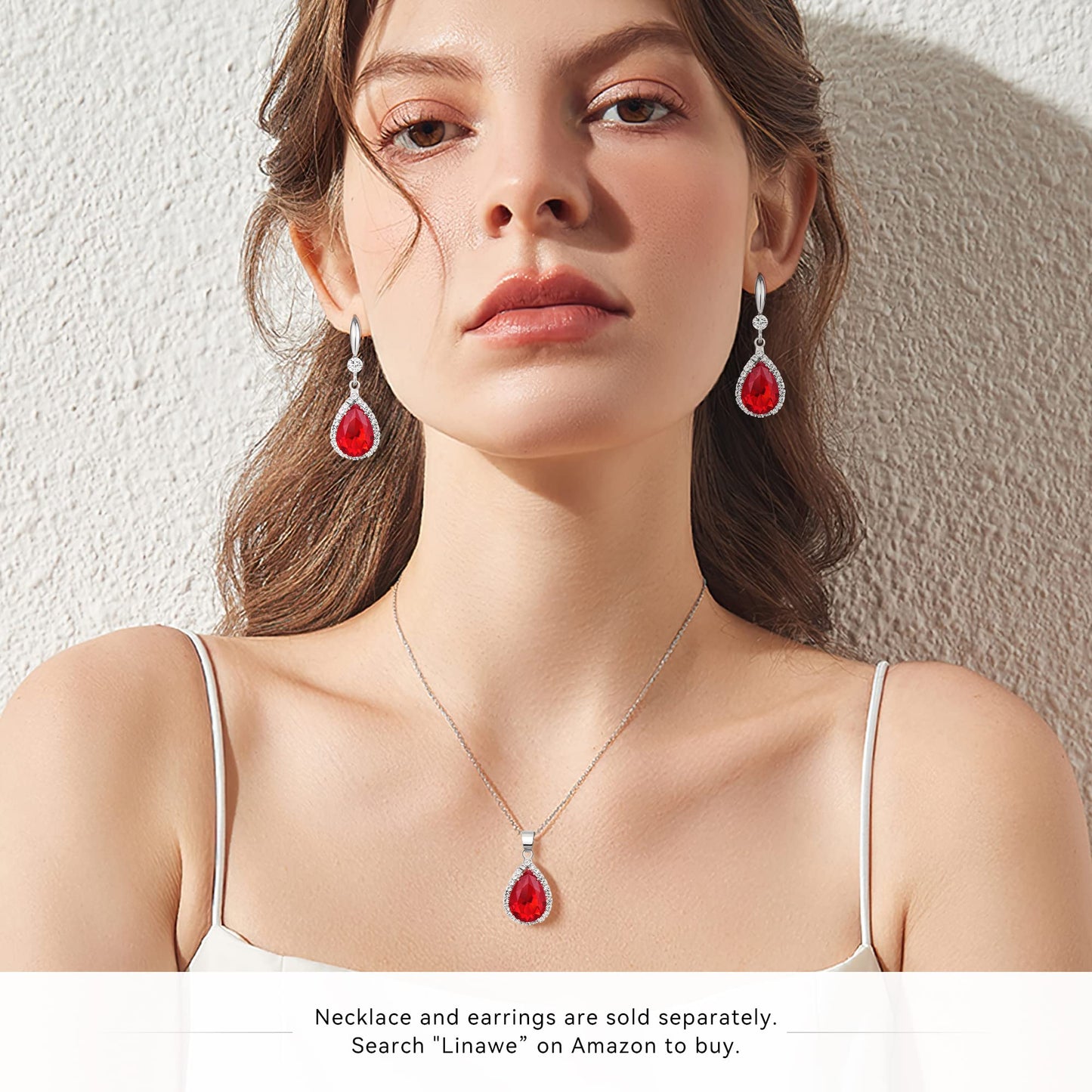 Linawe Silver Red Dangle Earrings for Women Trendy, Imitation Diamond Drop Teardrop Ruby Crystal Rhinestone Cubic Zirconia Wedding Earrings, Bride Bridesmaids Jewelry Set
