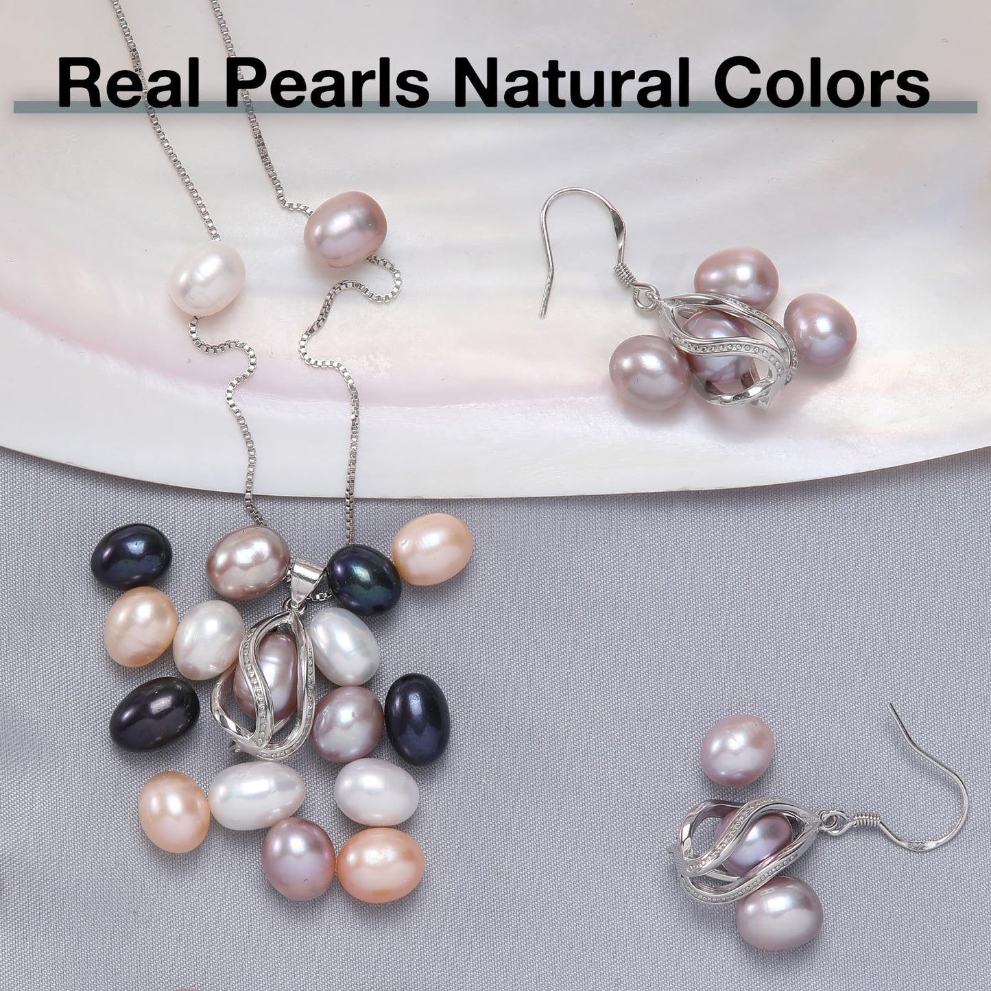 HENGSHENG Pearl Jewelry Set For Women S925 Sterling Silver Necklace & Earrings Set Freshwater Pearl Pendant Cage Set for Wedding Anniversary Prom Birthday Gift - Silvery Purple