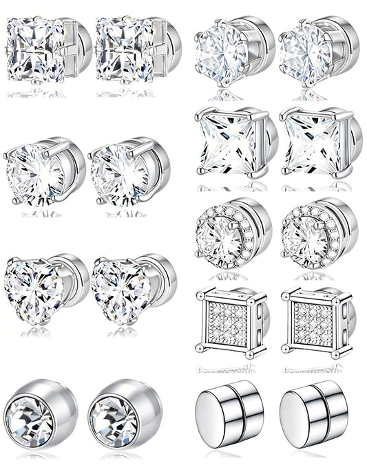 Ofeiyaa Magnetic Stud Earrings Stainless Steel Non-piercing CZ Heart Round Square Triangle Halo Earrings for Men Women Fake Clip on Stud Earring Jewelry Set for Sensitive Ears Silver Tone 6MM 8MM