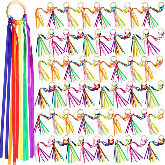 Junkin Ribbon Rings Hand Kite Waldorf Toys Dancing Wrist Ribbons Rainbow Streamers with Wood Ring Sensory Learning Educational Toy for Playroom Dancing Birthday Party Gift(Rainbow,48 Pcs)