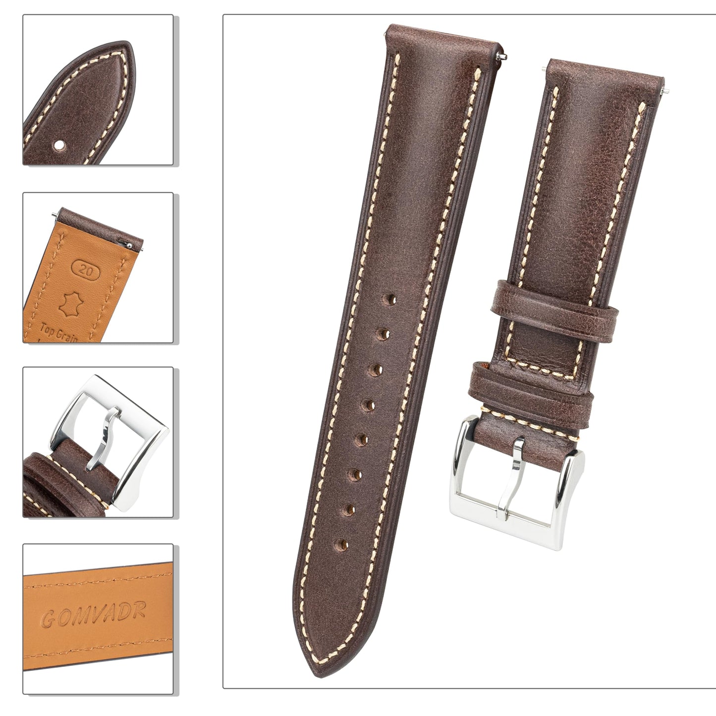 Gomvadr Vintage Genuine Top Grain Leather Watch Strap Quick Release, 18/19/20/21/22/24mm, Silver/Black Buckle, Universal Fit Unisex for Daily Wear (Coffee Brown with Silver Buckle, 18mm)