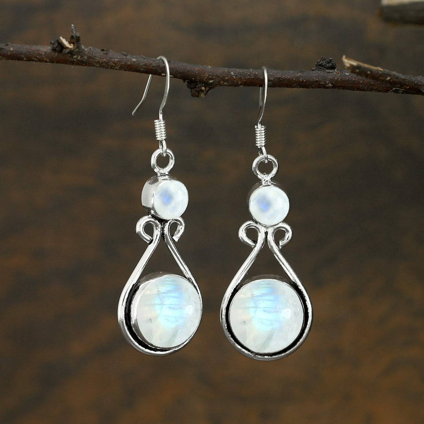 Natural Moonstone Silver Plated Dangle Earrings for Women - June Birthstone Round Gemstones Drop Earrings Handmade Jewelry - Anniversary Wedding Gift for Her
