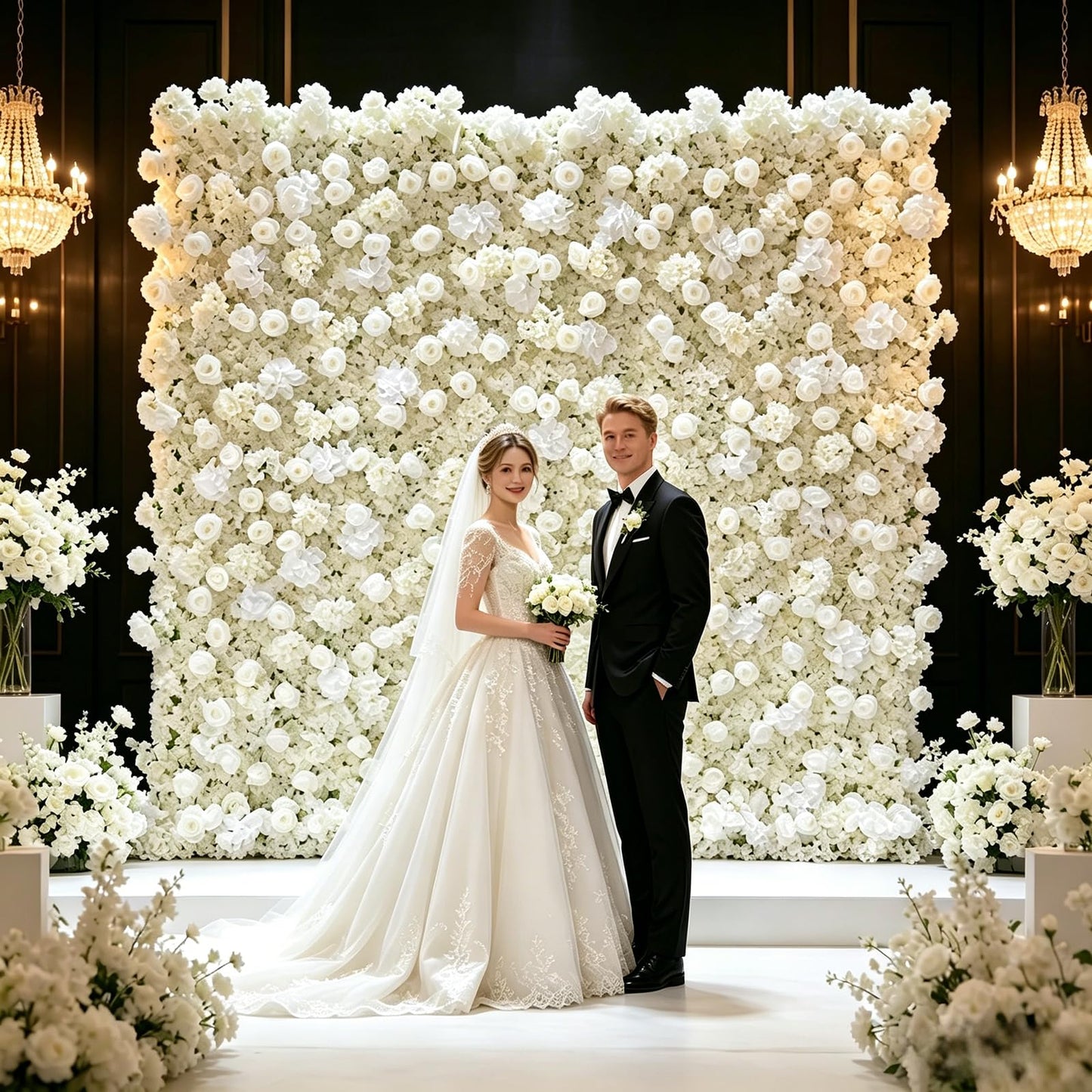 5D Artificial Silk Rose Flower Wall Backdrop, Exquisite White Floral Wall, 8×8 Ft, Quick Installation & Easy Storage, Reusable, Suitable for Weddings, Birthday Parties and Home Decor, Without Stand.