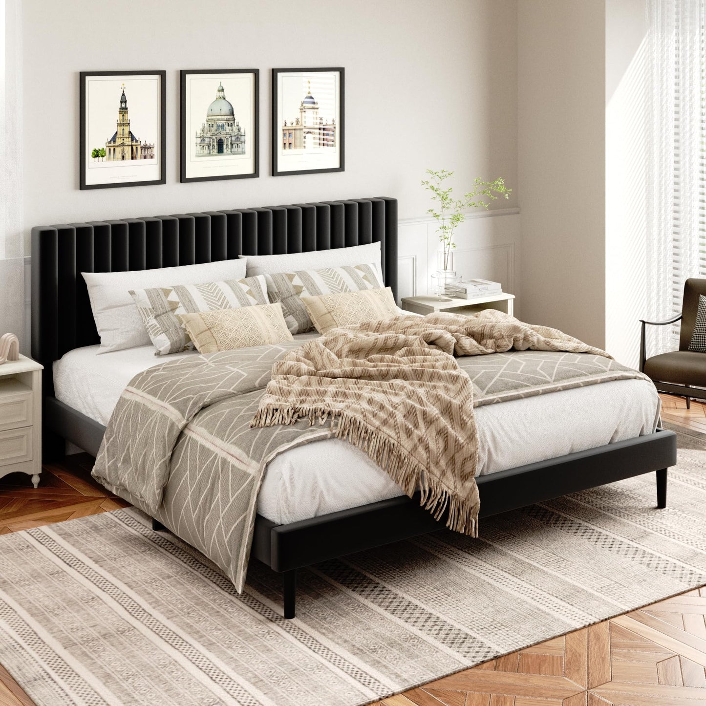 HAOARA King Size Bed Frame, King Size Platform Bed Frame and Velvet Upholstered Headboard with Strong Wood Slats, Box Spring Optional, Mattress Foundation, Easy Assembly Black