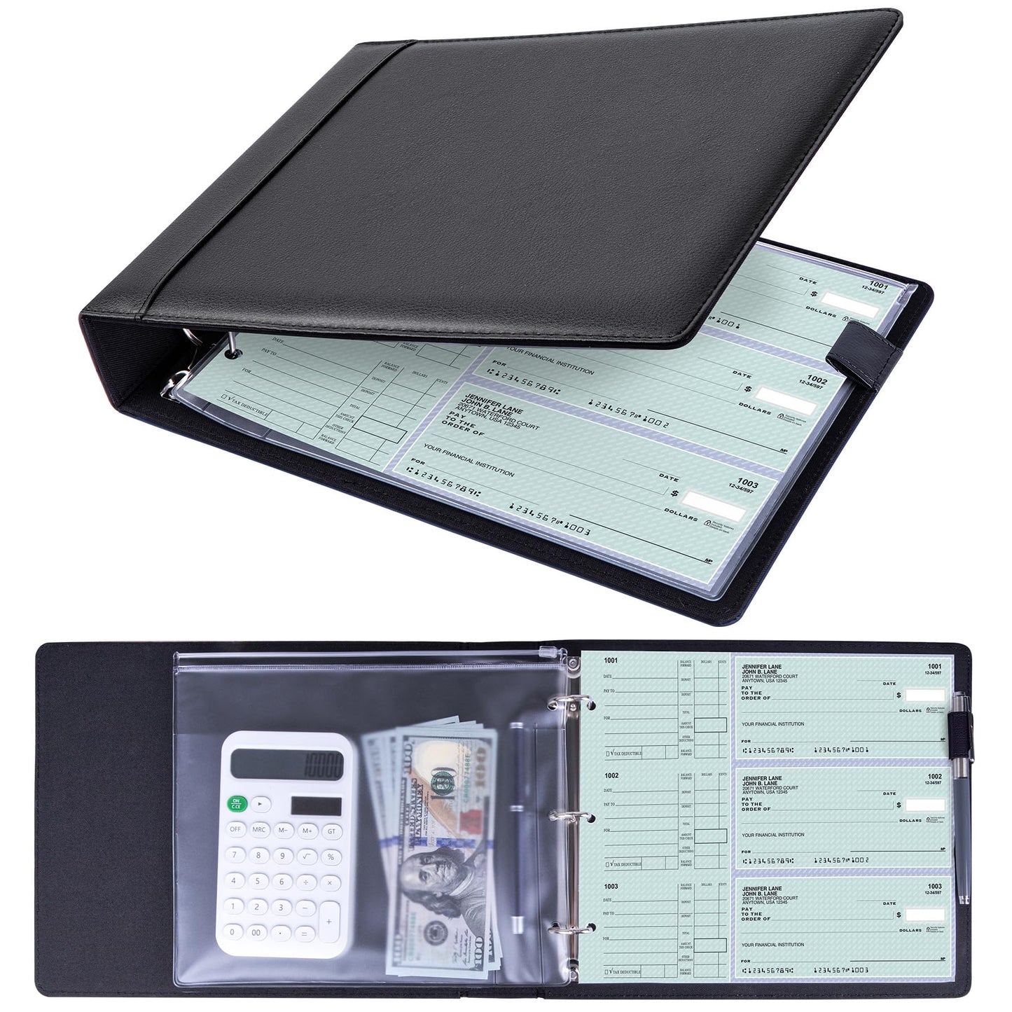 Antner 3 Ring Personal Check Binder for 3-on-a-Page End-Stub Deskbook & Personal 3 Holes or 9 Holes Small Size Checks, PU Leather Check Holder Checkbook Binder Cover with Zipper Pouch, Black