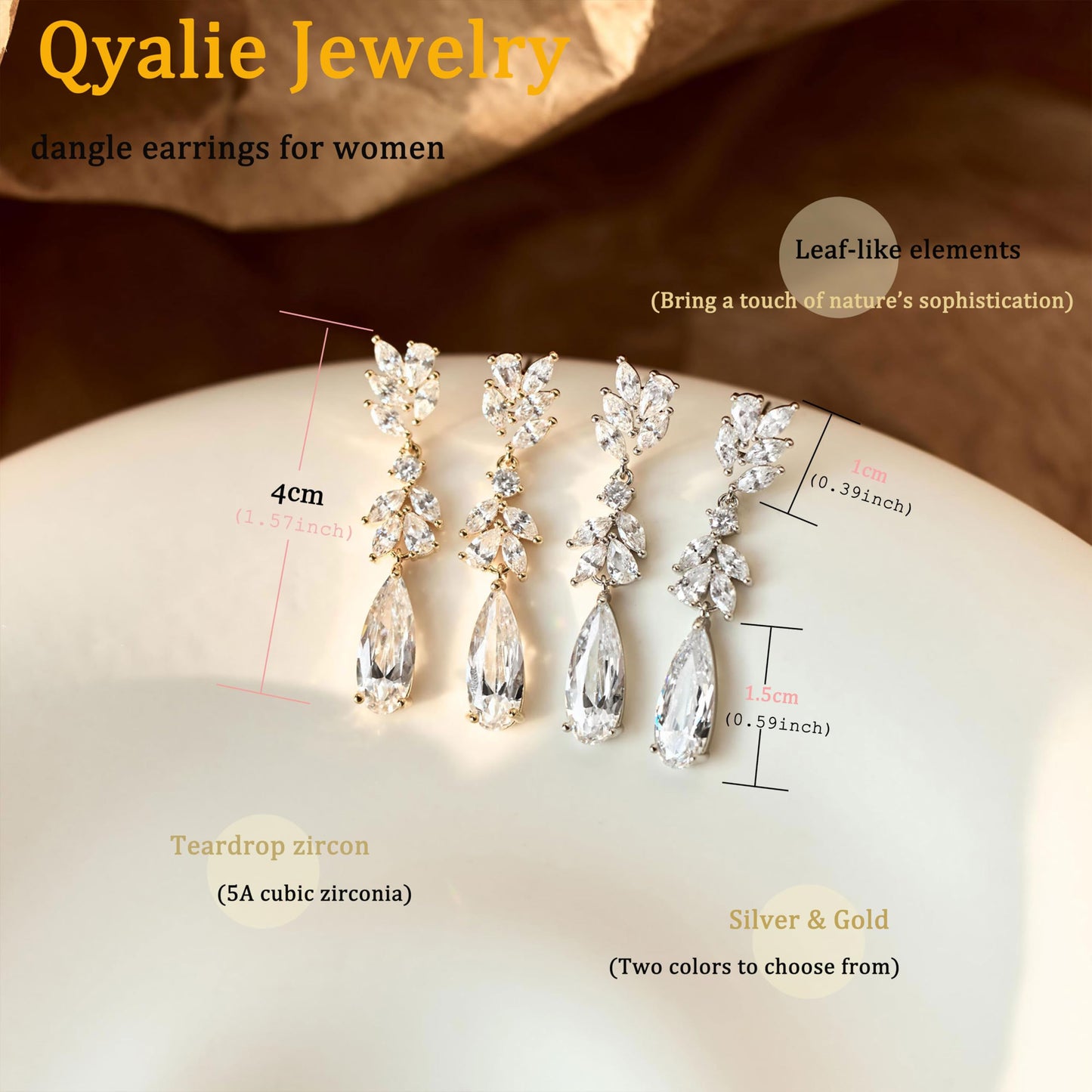 Qyalie Dangle Drop Earrings for Women Wedding Bridal Rhinestone Long Cubic Zircon Dangling Crystal Chandelier Sparkly 14K Gold Plated Dainty Trendy Prom Jewelry (Silver-CZ-Leafdrop)