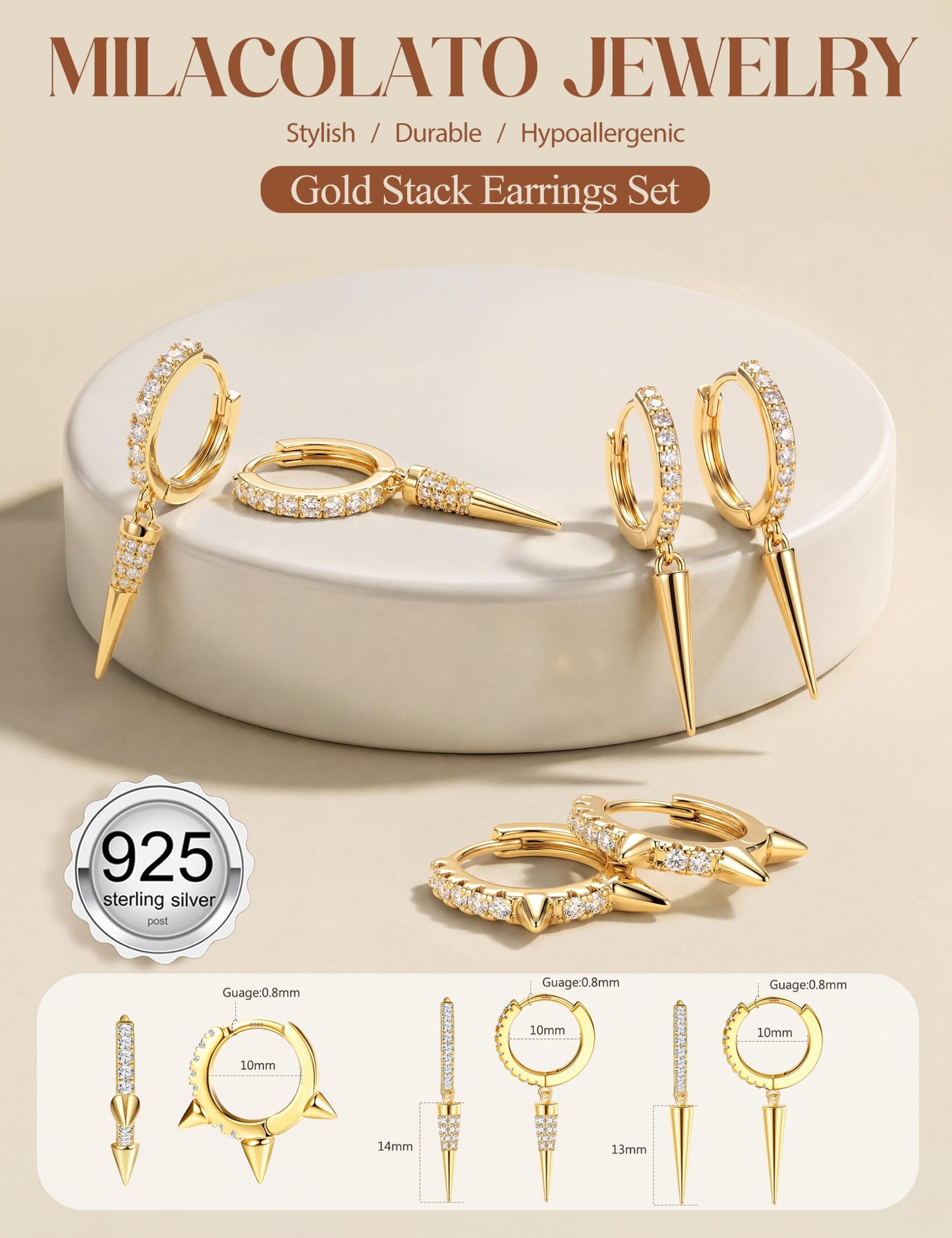 MILACOLATO 925 Sterling Silver Earrings for Women, 14K Gold Plated Small Huggie Earrings Sets for Multiple Piercing Hypoallergenic Jewelry, CZ Hoop Earrings Stacks Trendy Jewelry Gifts, 3 Pairs-Spike