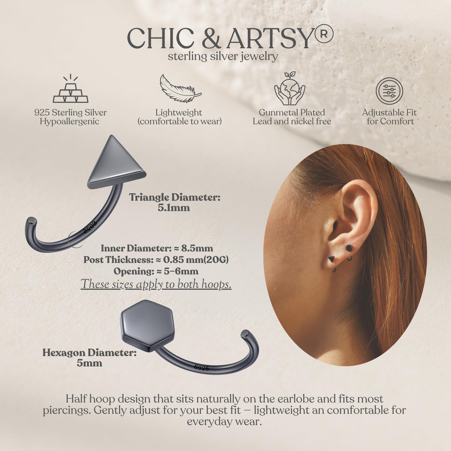 CHIC & ARTSY Backless Earrings for Women 925 Sterling Silver Half Huggie Hoop Earrings Ardant Stay Close Hoops Black Triangle and Hexagon No Back Earrings Set Everyday Earrings