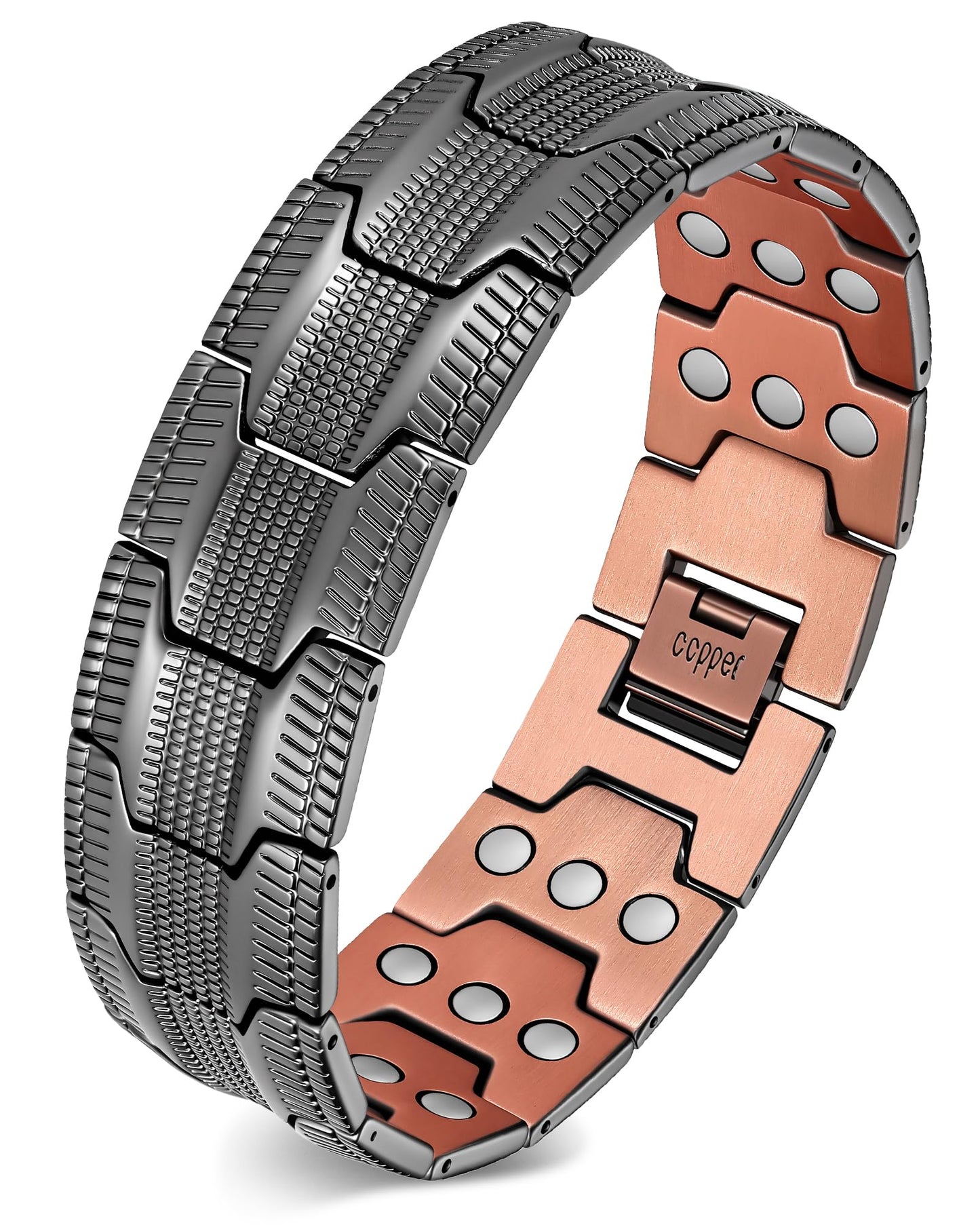 Feraco 3X Strength Copper Bracelets for Men Magnetic Bracelet with 3 Row Neodymium Magnets Adjustable Length, Pure Cooper Jewelry Gifts for Men (Gray, Tyre Graphics)