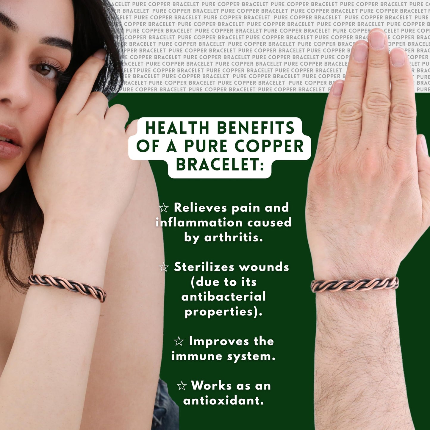 Handmade Elegant Copper Bracelet for Women and Men-Pure Copper Bracelet for Pain Relief and Stress Relief-Adjustable, Thickest, Twisted Copper Wire Bracelet to Fit many Size Wrist(folded) (helix-small)