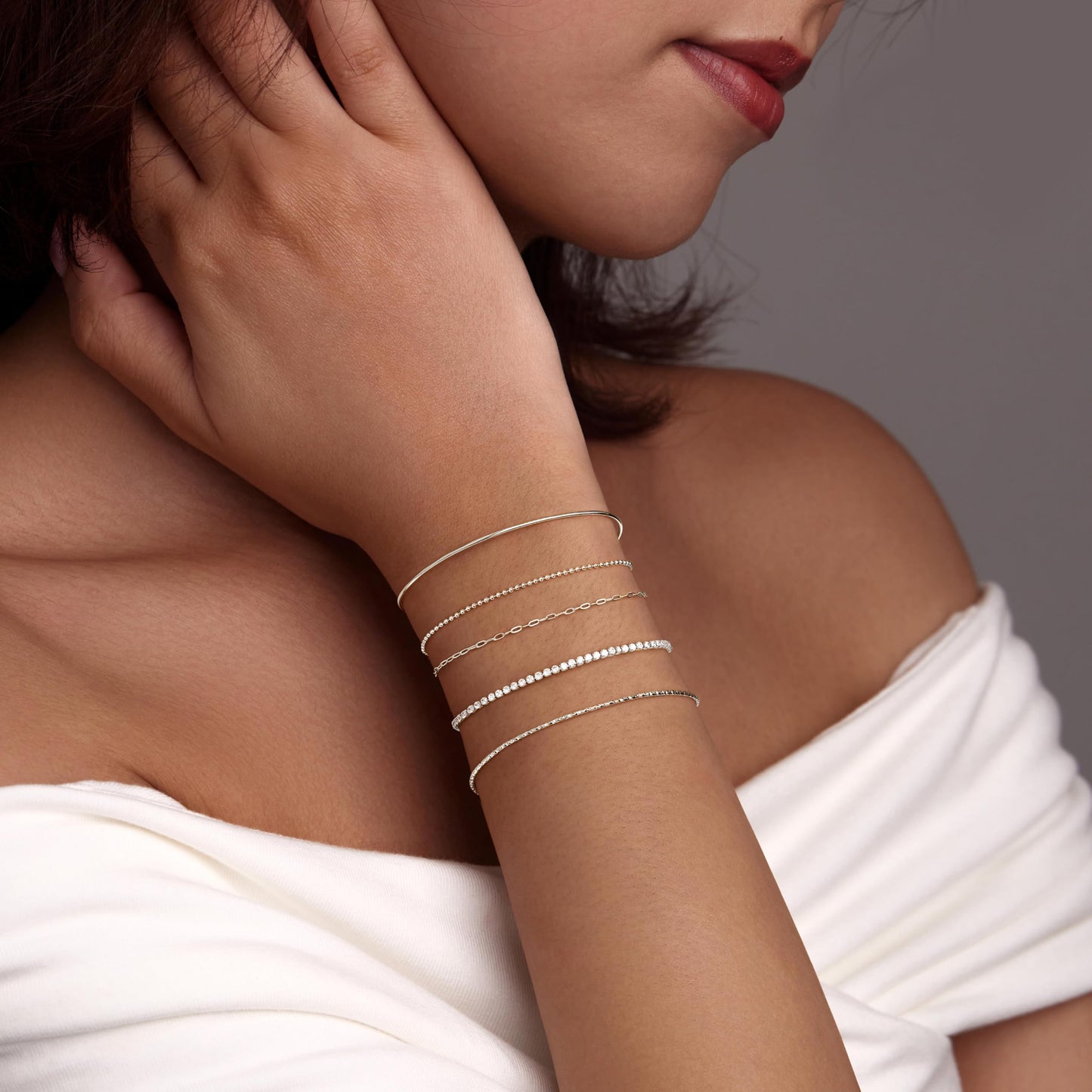 Silver Bracelets for Women 925 Silver Plated 5 Pcs Set - Dainty Stackable Waterproof Stainless Steel Jewelry - Minimalist Paperclip Beaded Tennis Bangle Bracelet Set for Women Gifts