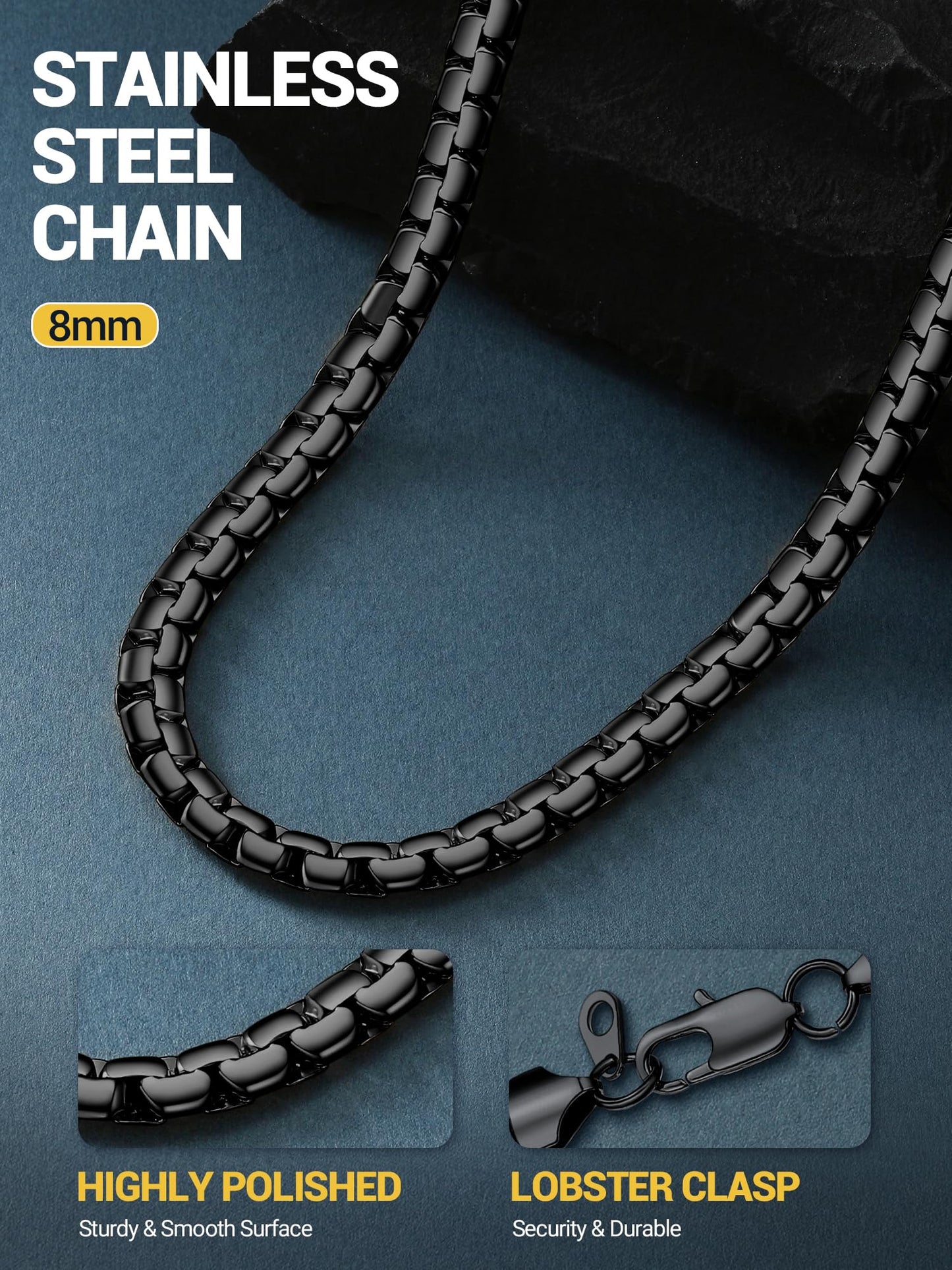 PROSTEEL Black Mens Chain 316L Stainless Steel Non Tarnish & Hypoallergenic 8mm Thick Mental Chain for Mens Hip Pop Jewelry