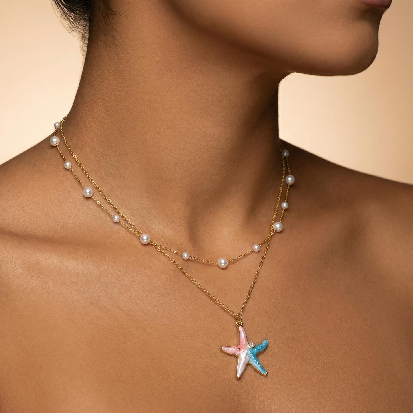 Harlermoon Gold Starfish Necklace for Women - 18K Gold Plated Stainless Steel Ocean Beach Jewelry, Sea Turtle Shell Pearl Pendant, Waterproof Non Tarnish Snake Chain Choker, Summer Vacation Mermaid Gifts (Large Starfish Pearl)