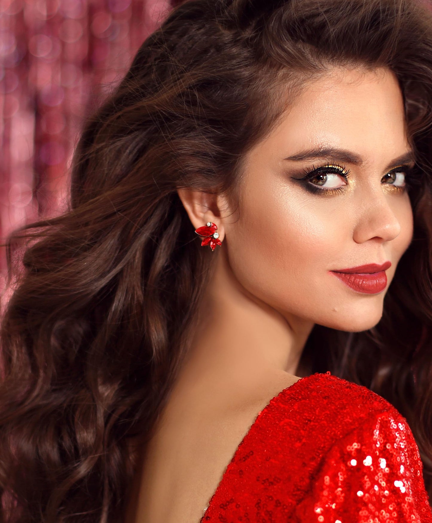 SWEETV Sparkly Red Rhinestone Stud Earrings for Women, Crystal Wedding Bridal Earrings for Brides,Cluster Bridesmaid Earrings, Prom Formal Party Jewelry
