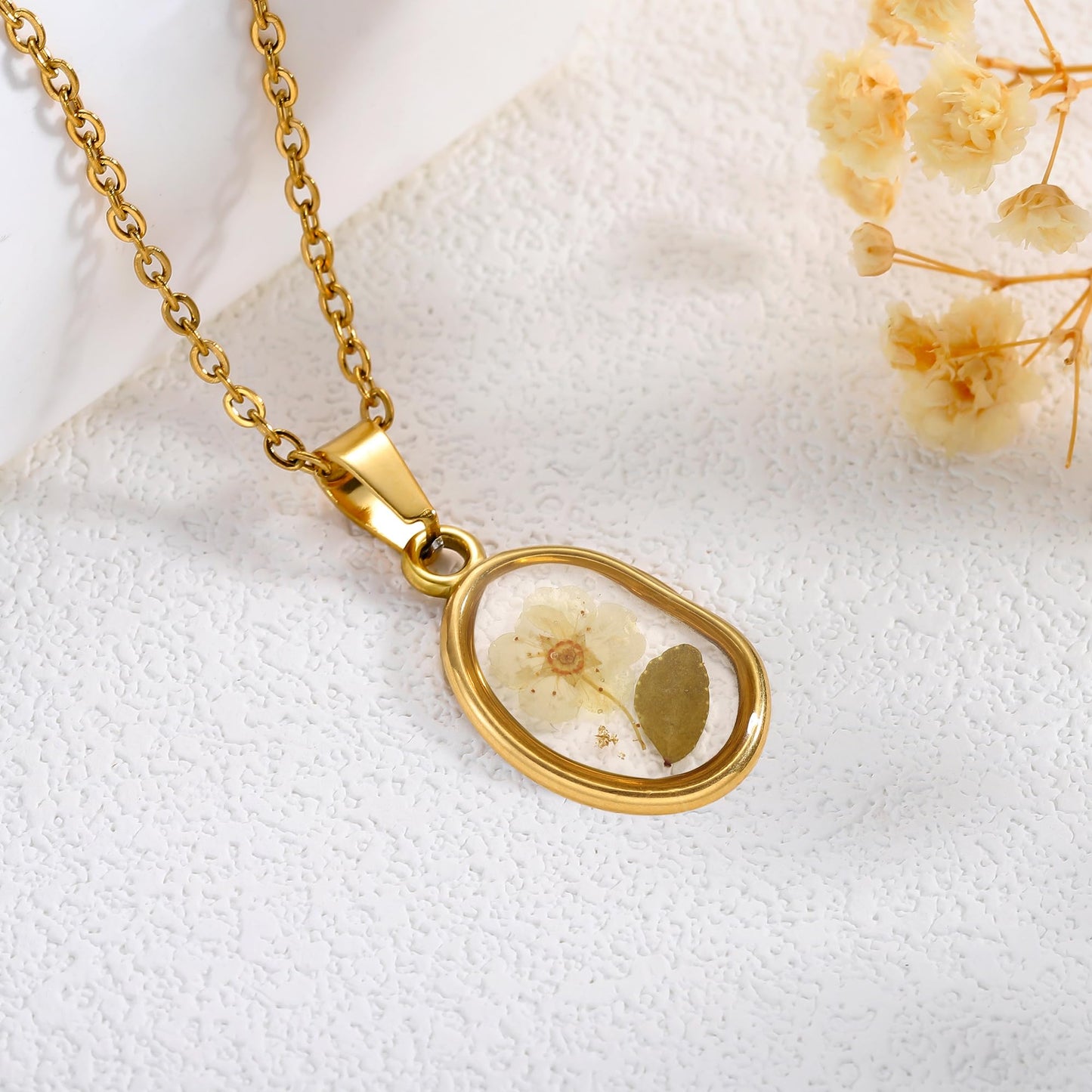 LETFLY Birth Flower Necklaces for Women, 18K Gold Plated Oval Shaped Handmade Floral Pendant, Pressed Flower Necklace Jewelry Gifts Light