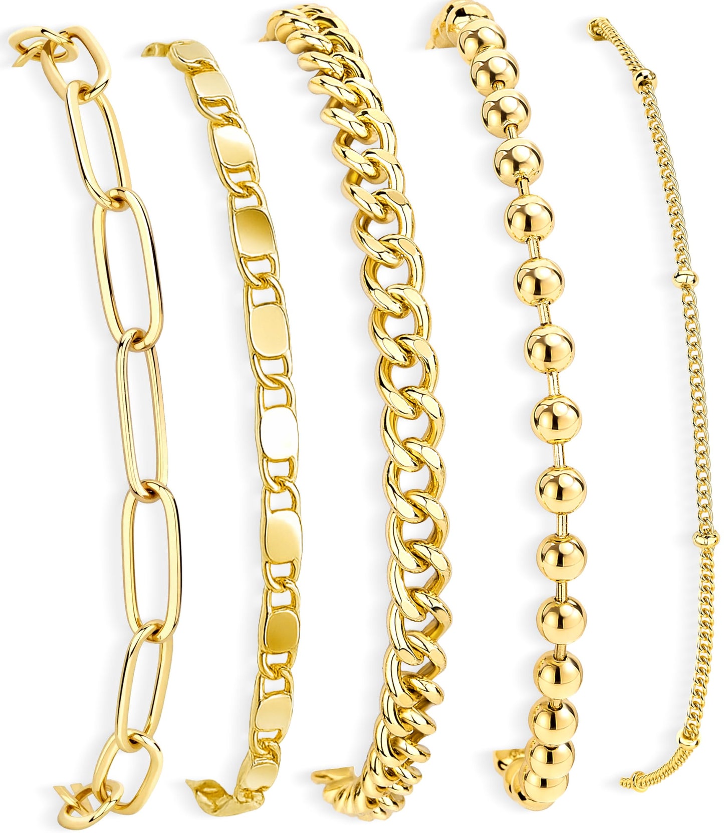 Poxtex Gold Bracelets for Women Trendy, 5pcs Dainty Stackable Bracelets for Women Waterproof, 14k Real Gold Bracelets Stack With Beaded Cuban Paperclip Satellite Mirror Chain, Gold Jewelry Set Gifts