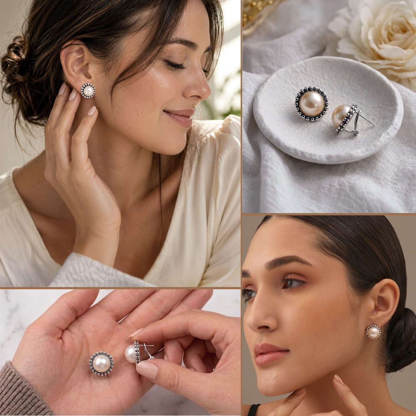 LeCalla 925 Sterling Silver Omega Earrings Classic Cultured Freshwater Pearl Earrings Omega Back Stud Earring for Women - 15MM