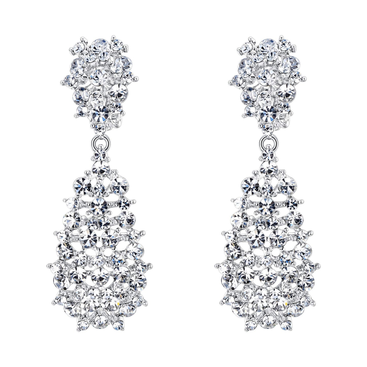 EVER FAITH Women's Jewelry Clear Crystal Floral Behimia Hollow Teardrop Dangle Clip-on Earrings Silver-Tone