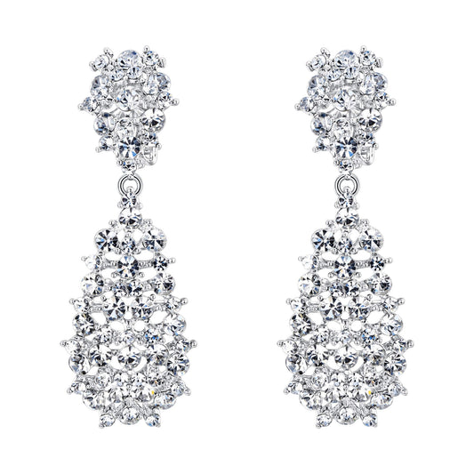 EVER FAITH Women's Jewelry Clear Crystal Floral Behimia Hollow Teardrop Dangle Clip-on Earrings Silver-Tone
