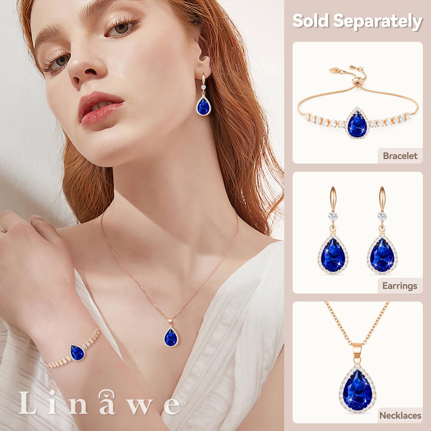 Linawe Sapphire Blue Earrings for Women Rose Gold, Imitation Diamond Drop Dangle Earrings, Chandelier Rhinestone Cubic Zirconia Crystal Teardrop Earrings, Wedding Jewelry Set