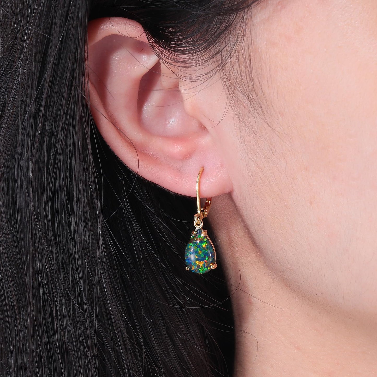 CiNily Teardrop Leverback Dangle Earrings for Women Hypoallergenic Green Black Opal Pendant Drop Earrings 14K Gold Hanging Lever Earrings Graduation Party Jewelry Gifts