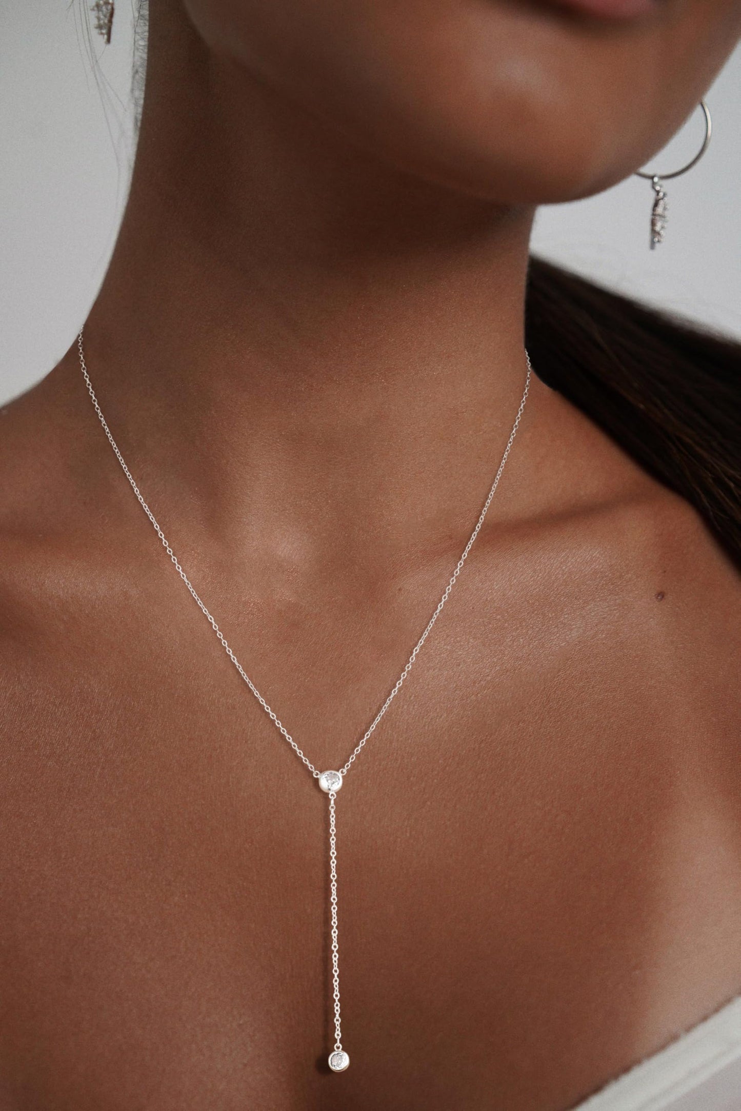 JIKASI Drop Lariat Necklace for Women，Y-Shaped Silver Diamond Pendant, Elegant Jewelry Gifts for Women