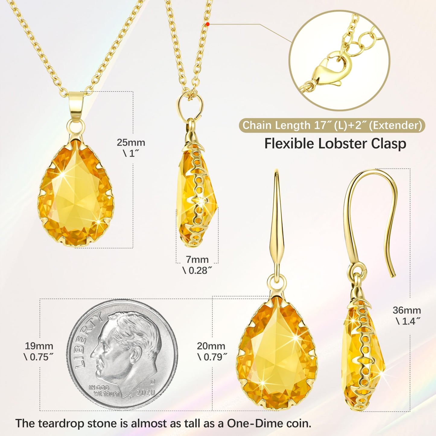 Linawe Yellow Jewelry Sets for Women, KC Imitation Gold Plated Pendant Necklace and Earrings Set, Imitation Diamond Fake Birthstone Crystal Rhinestone Teardrop Costume Jewelry for Women Sets