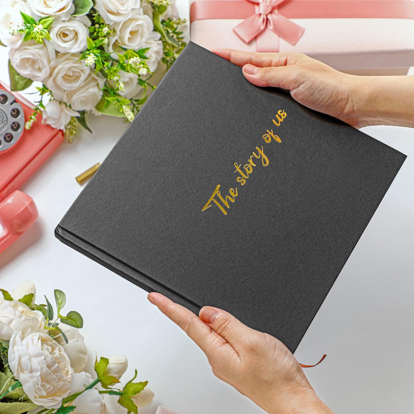 Colarr Hardcover Couples Scrapbook 144 Pages 8.7 x 8.7" Wedding Couples Photo Album Scrapbook Journal for 1 Year Wedding Memory Anniversary Photo Book Gift with 2 Markers(Black)