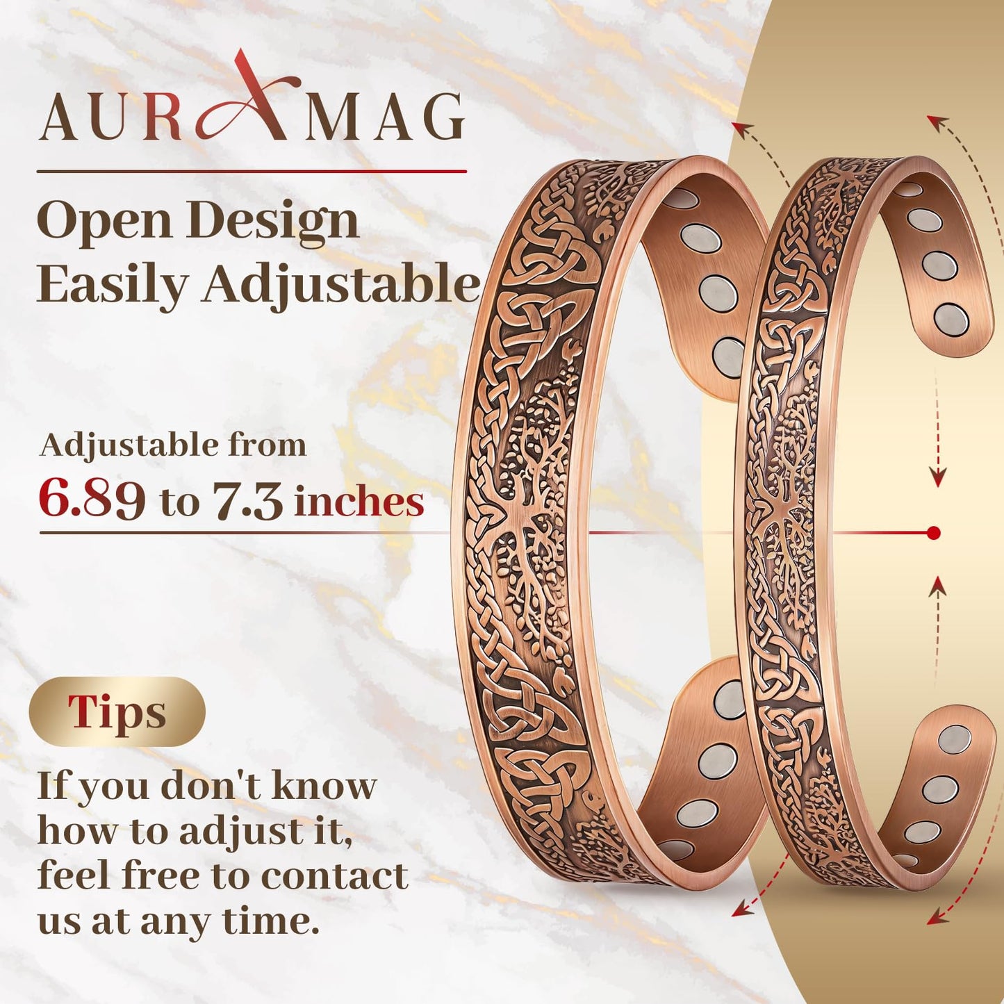 Auramag Bracelets for Men, 100% Pure Copper bracelets for women, Magnetic Bracelets with 3500 Gauss Effective Magnets, Adjustable Copper Jewelry Gift with Gift Box