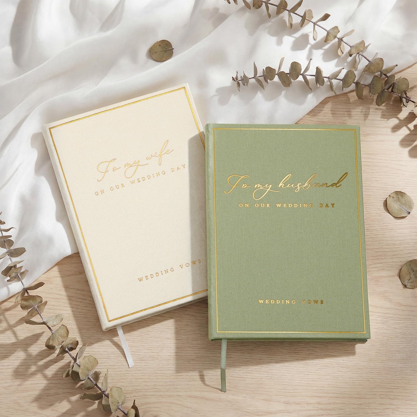 Engrowtic 2 Pcs Premium Wedding Vow Books His and Her Husband Wife Wedding Must Have Registry Ideas Canvas Linen Cover Gold Foil Lettering Lined Page Gift for Newly Engaged Couple(Light Green-White)
