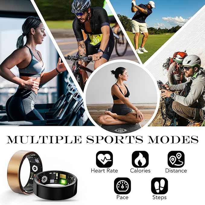 Smart Health Ring for Women Men Fitness Tracker with Heart Rate, Blood Oxygen, Blood Pressure, Sleep Monitoring, Step Counting, IP68 Waterproof for iOS and Android, No Subscription Fee, Gold 9#