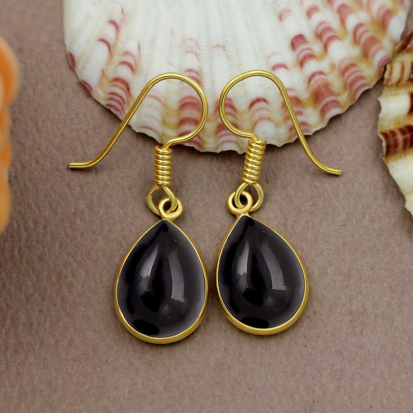 14K Yellow Gold Plated Natural Black Onyx Dangle Earrings for Women - July Birthstone Black Gemstone Teardrop Shape Earrings - Handmade Gifts for Her Mom Sister