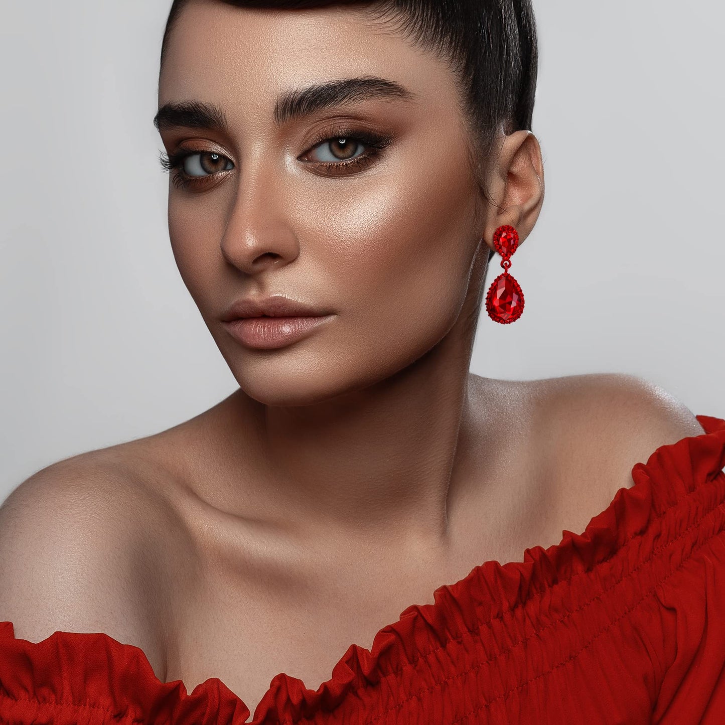EVER FAITH Women's Austrian Crystal Dangle Earrings, Elegant Party Prom Waterdrop Pierced Earrings Red Red-Tone