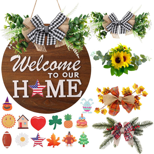 Interchangeable Welcome Sign for Front Door with 4 Seasonal Wreaths and 14 Changeable Icons, Farmhouse Front Door Signs, Door Decoration Porch Decor, Seasonal Wooden Home Sign home décor (6wood)