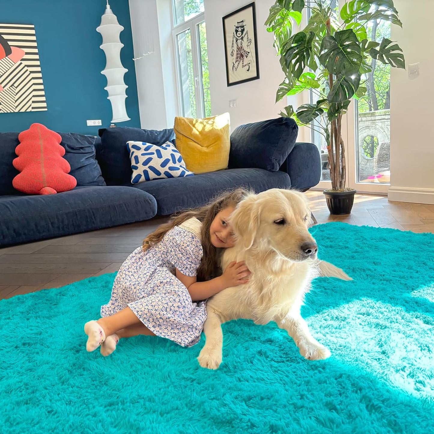 OLANLY 5x7 Soft Fluffy Shaggy Area Rug - Machine Washable Indoor Carpet for Living Room & Bedroom | Teal Blue