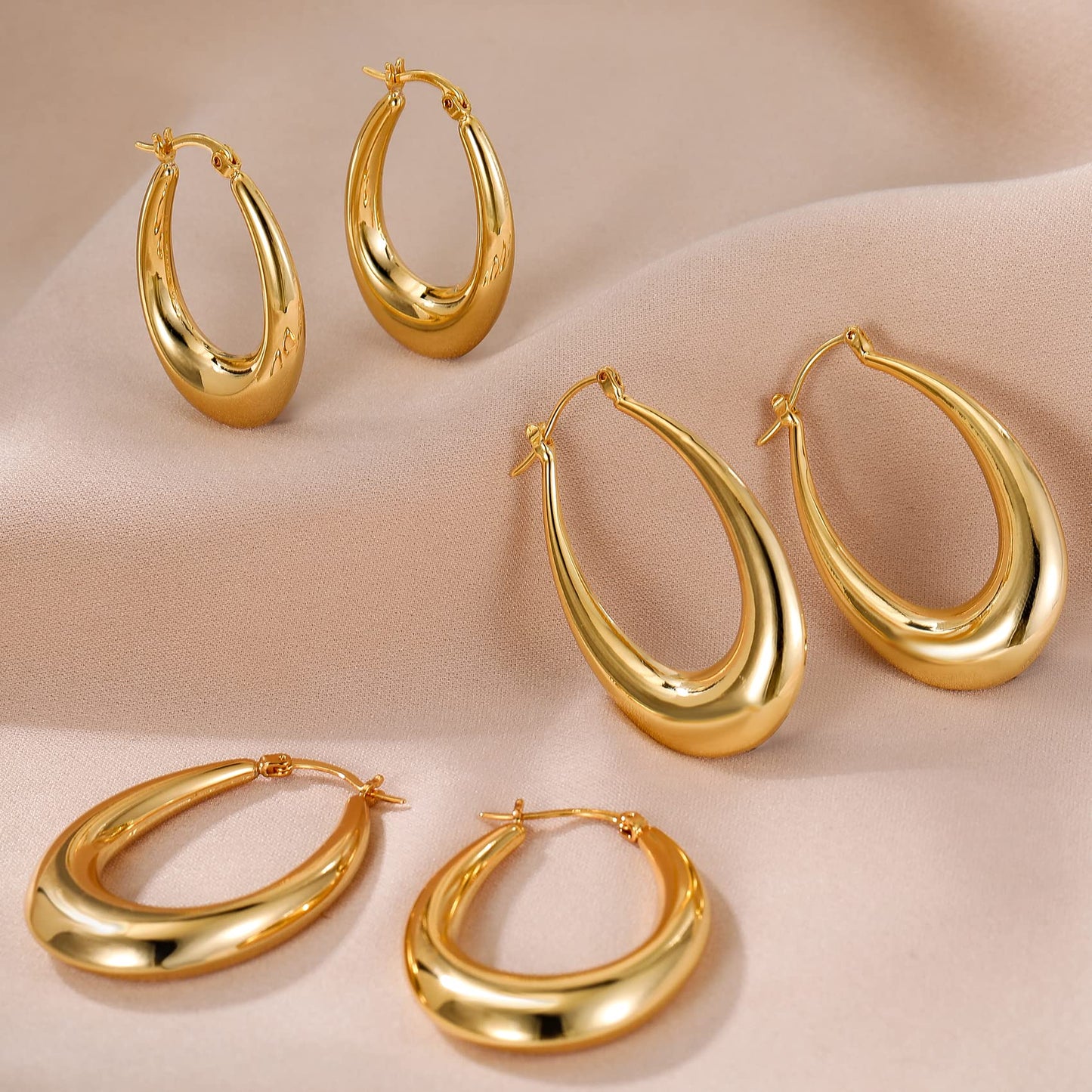 PABBEU Chunky Gold Hoop Earrings for Women, Lightweight 14k Golden Plated Hoops Earrings, Hypoallergenic 925 Oval Golds Hoops Earrings, Thick Gold Hoop Earrings for Women Gifts (40mm)