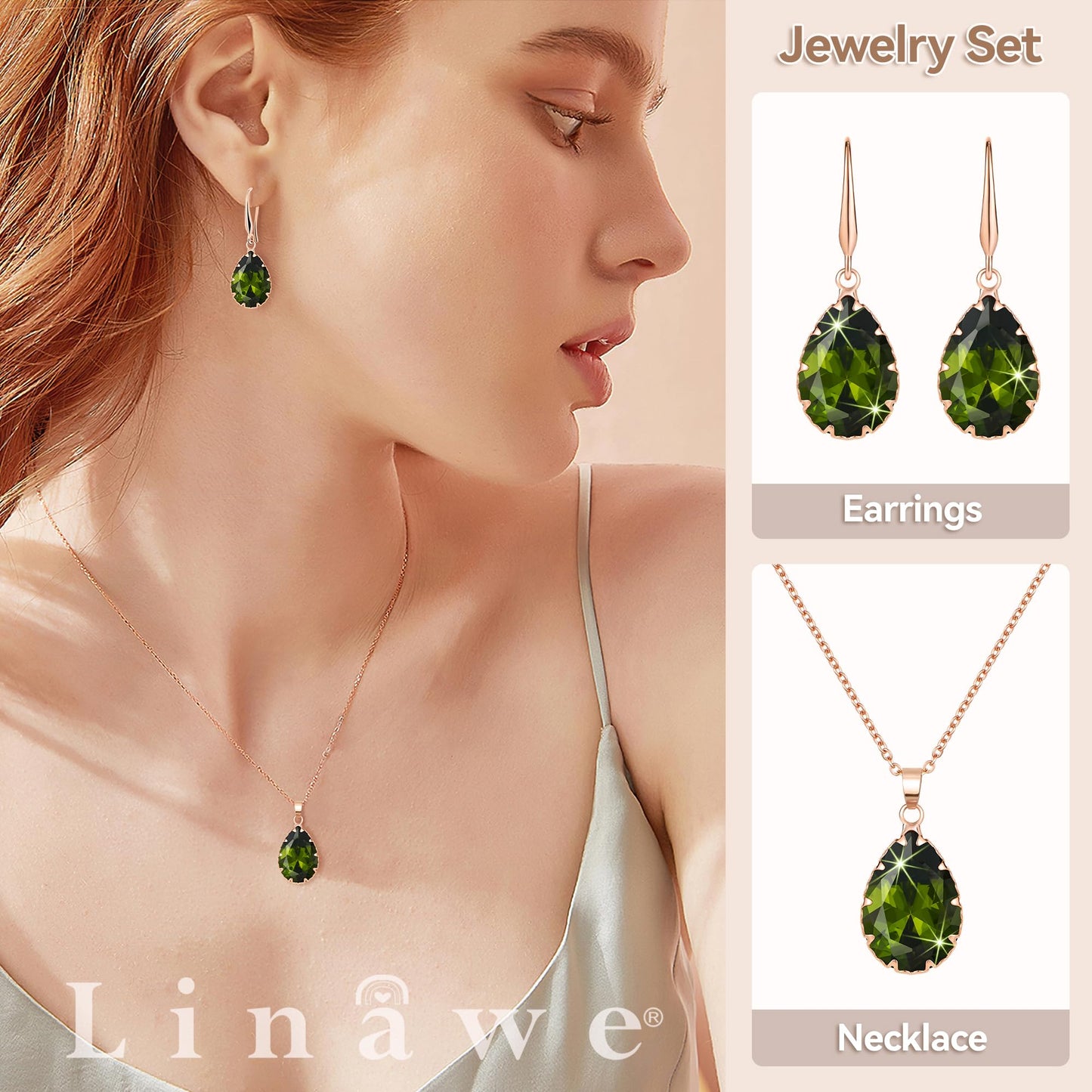 Linawe Tear Drop Earrings Jewelry Sets for Women, Fake Imitation Diamond Pendant Necklace, Birthstone Crystal Cubic Zirconia Dangle Earrings Set, Rose Gold Rhinestone Costume Jewelry Set