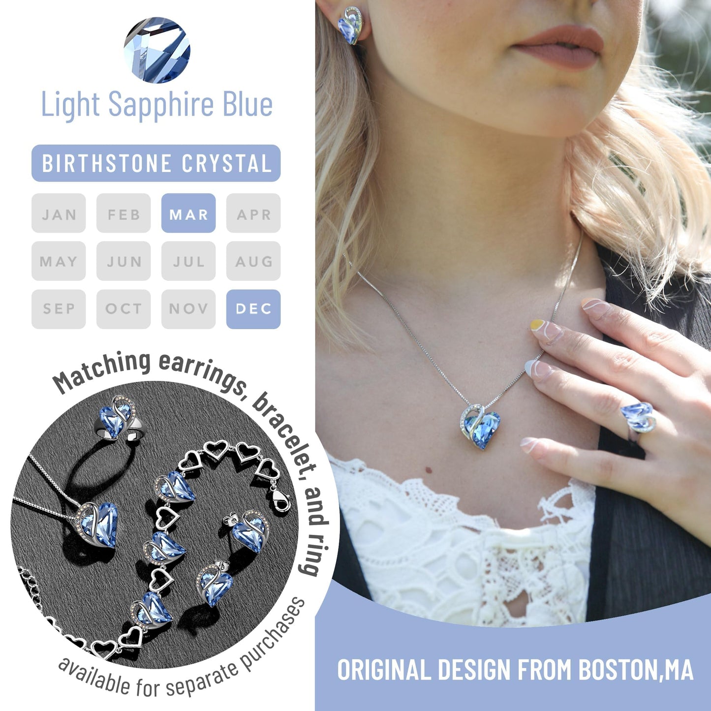 Leafael Gift Necklaces for Women, Infinity Birthstone Heart Pendant, Light Sapphire Blue Crystal for March December, Birthday Jewelry for Her, Mom, Wife, Silver Plated, 18" + 2" Chain