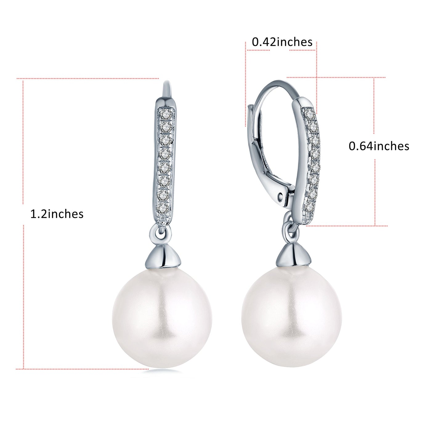925 Sterling Silver Round 10MM Pearl Earrings Drop & Dangle Leverback Earrings,Jewelry for Women