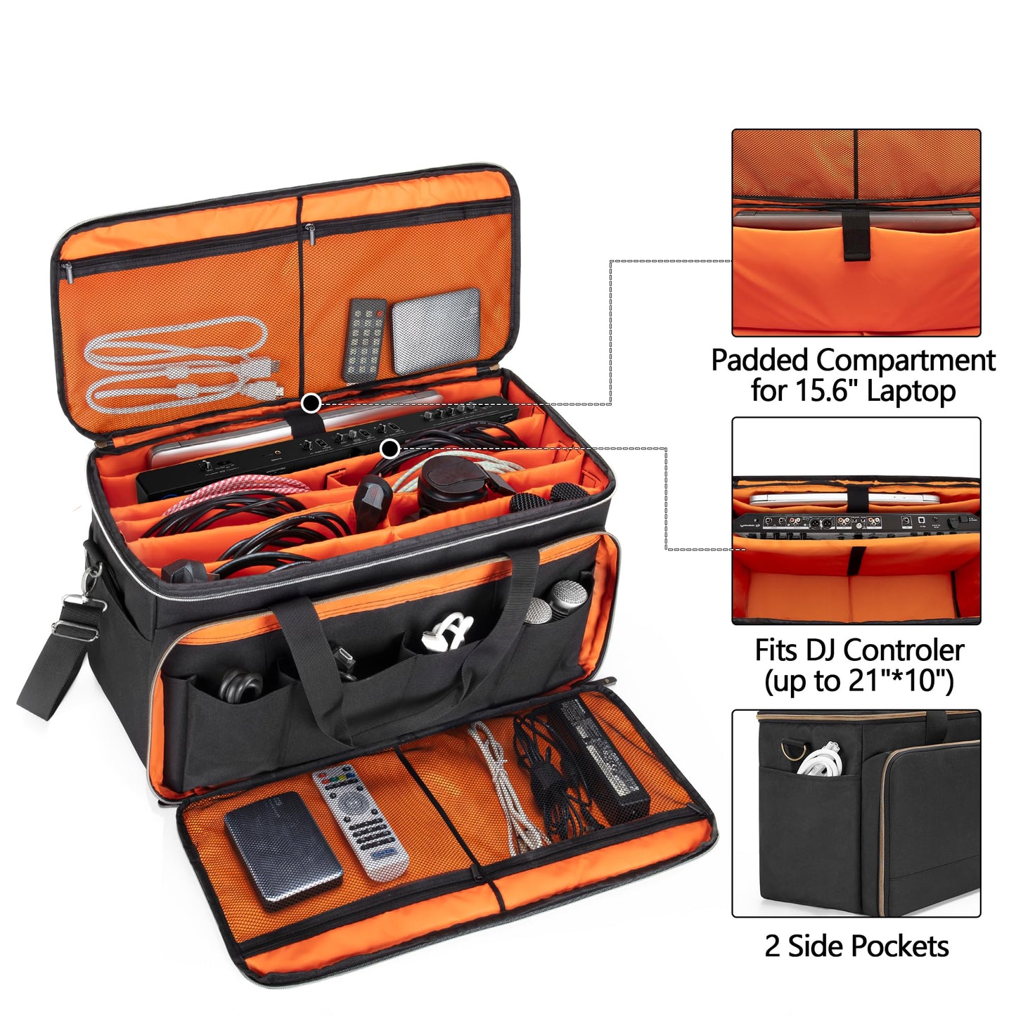 Trunab Large Travel DJ Cable File Bag with Inner Detachable Divider and Padded Compartment for 15.6” Laptop, Cable Organizer Bag for Cords, Sound Equipment, DJ Gear, Musician Accessories