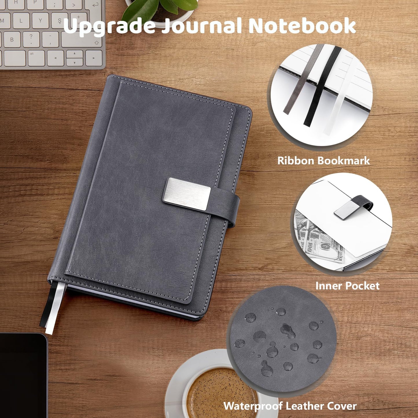 Executive Lined Journal Notebook, 256 Pages, College Ruled, A5 Hard Cover Leather, Pen included, with Notes Pocket; Journaling Notebooks for Work, Notes Taking, Personalized Gifts, Gray