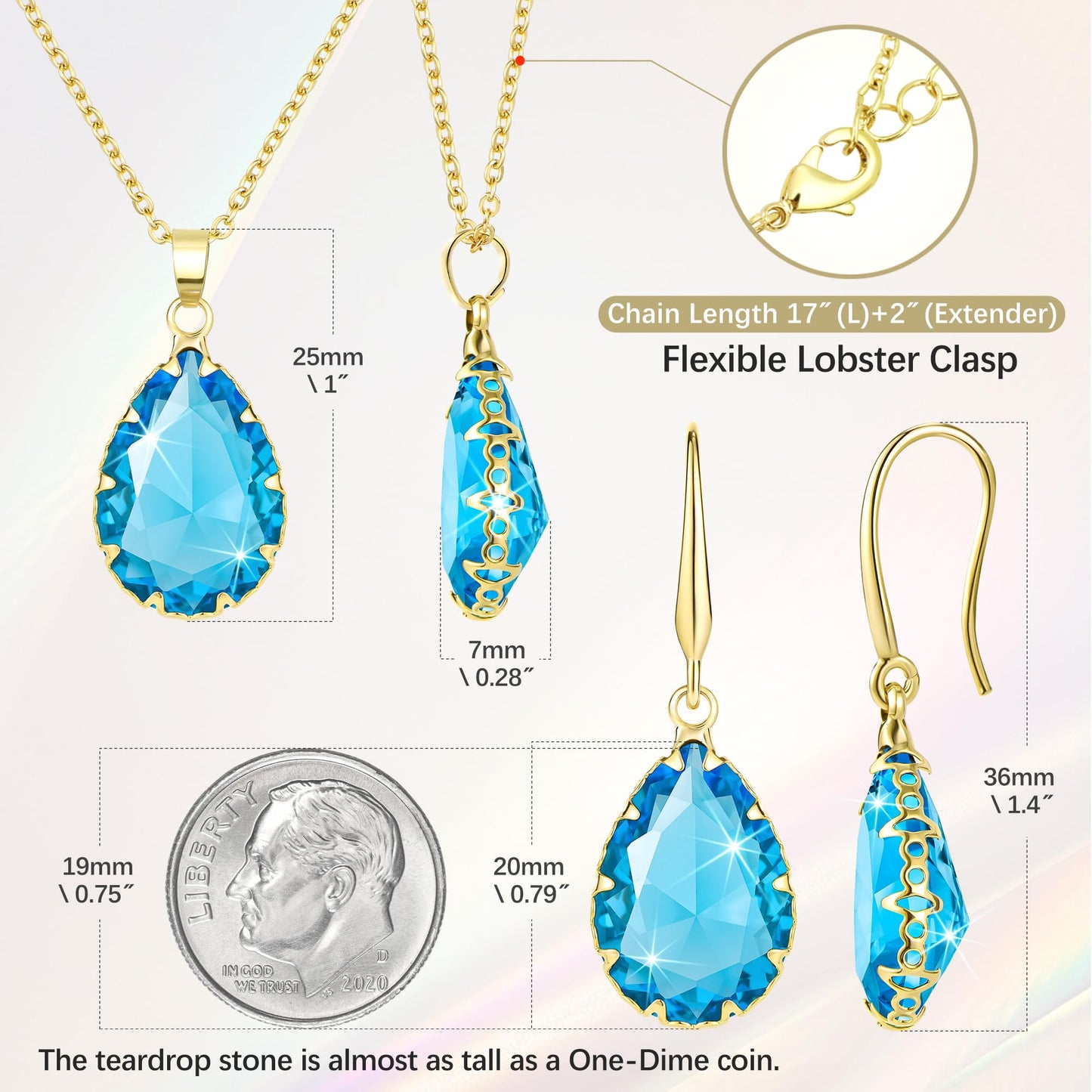 Linawe Aquamarine Blue Jewelry Sets for Women, Gold Plated Necklace and Earring Set, Birthstone Imitation Diamond Crystal Pendant Necklace Set, Tear Drop Earrings Jewelry Set