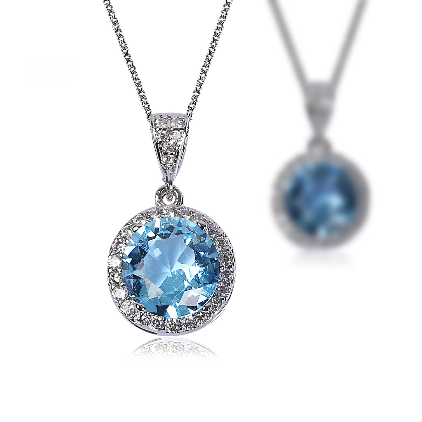 AMYJANE Crystal Jewelry Set for Women - Sterling Silver Round Aquamarine Cubic Zirconia Bridal Pendant Necklace Earrings Set for Wedding Bride Bridesmaids Birthstone Jewelry Sets
