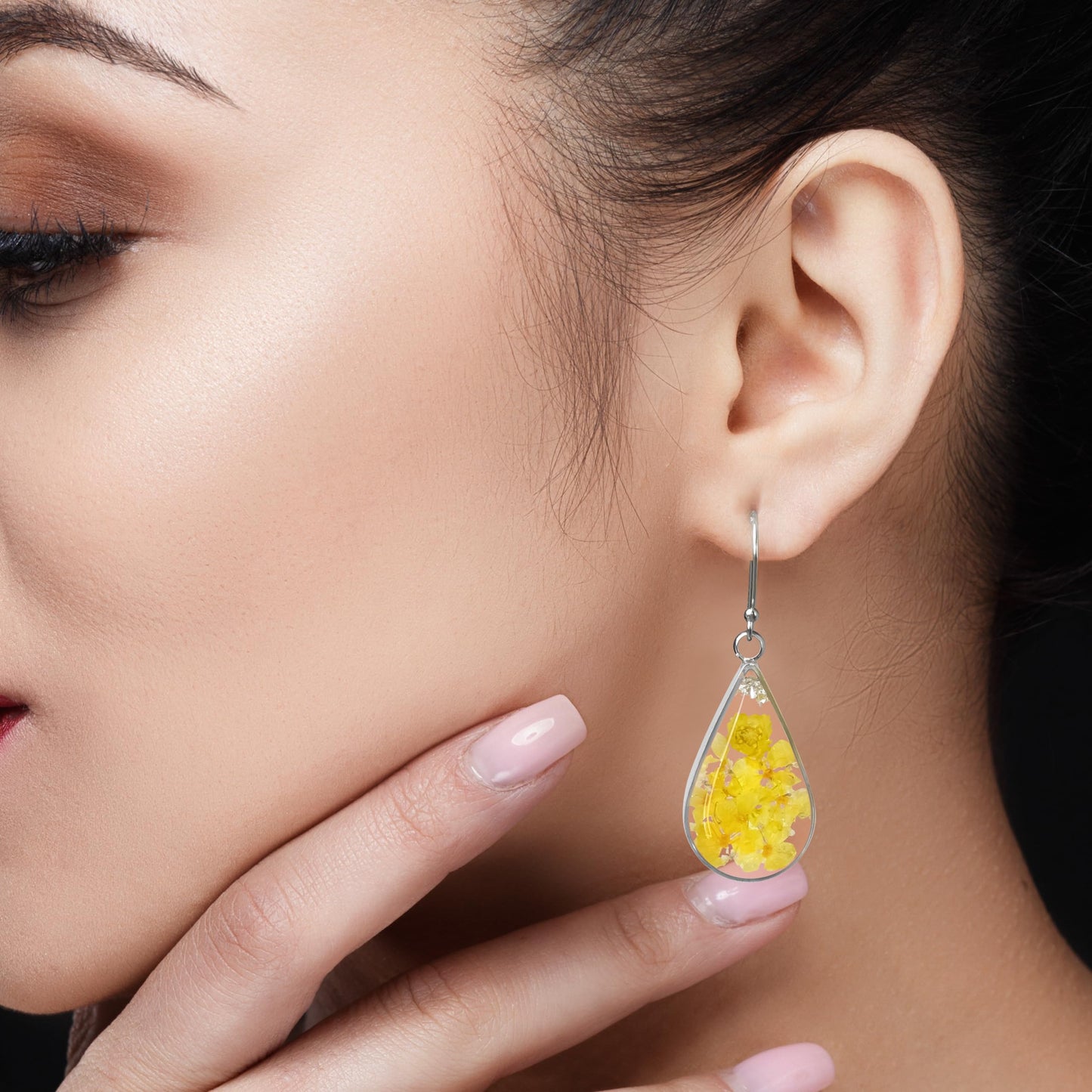 925 Sterling Silver Pressed Flower Teardrop Earrings,Hypoallergenic Women's Jewelry Gift for Mom,Handmade natural dried flower teardrop earrings Jewelry Gift (Yellow jade beads silver)
