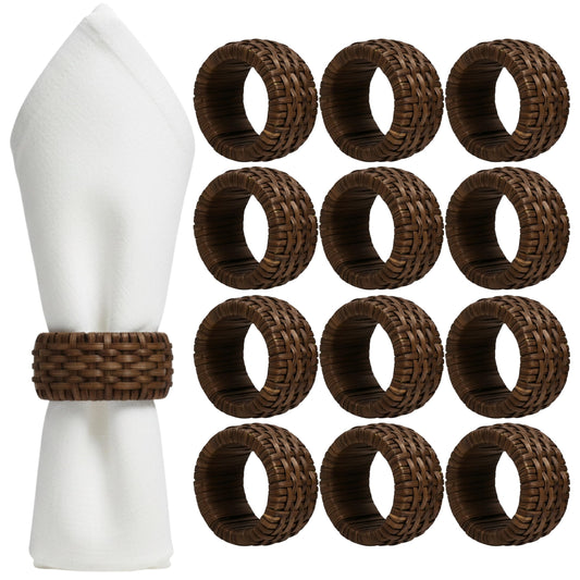 ALPHA Living HOME Woven Napkin Rings Set of 12, Rustic Farmhouse Cane Napkin Rings Round Handmade Napkins Rings Boho Tabletop Decor for Thanksgiving Christmas Party Wedding Deco (Brown)