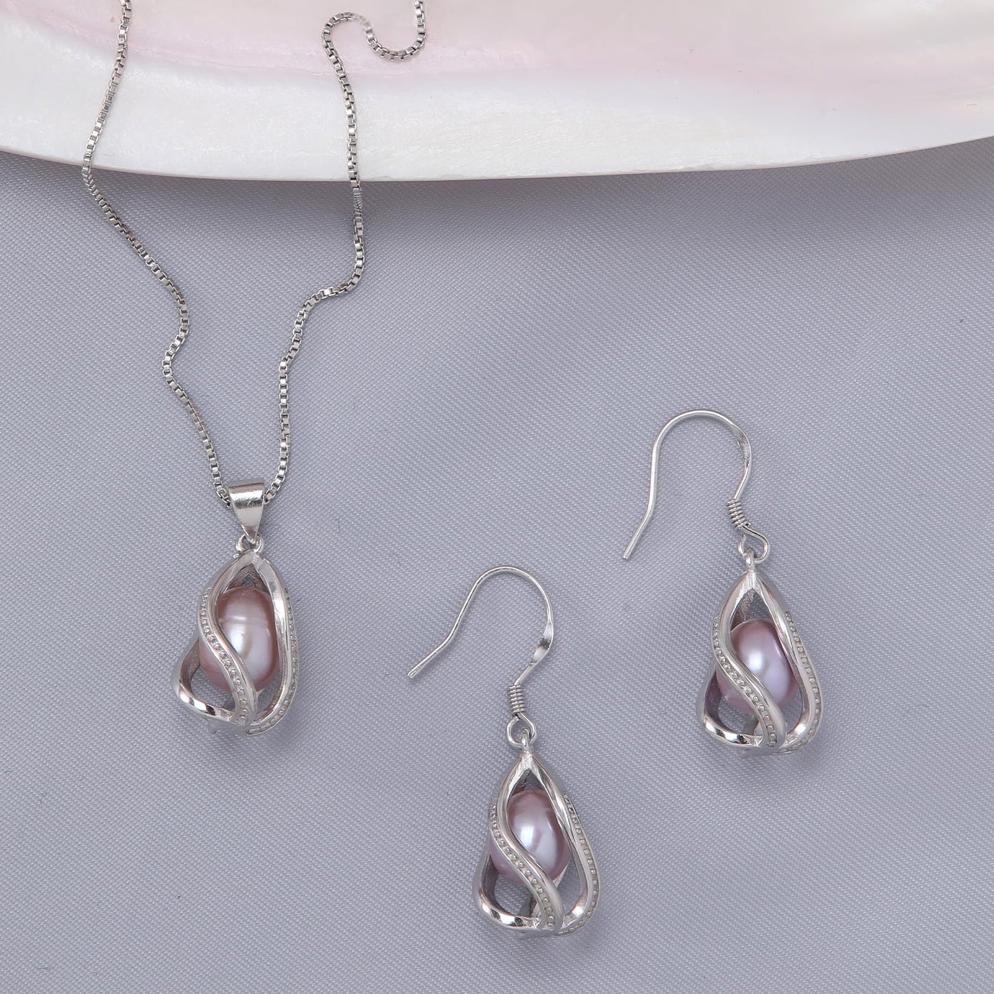 HENGSHENG Pearl Jewelry Set For Women S925 Sterling Silver Necklace & Earrings Set Freshwater Pearl Pendant Cage Set for Wedding Anniversary Prom Birthday Gift - Silvery Purple