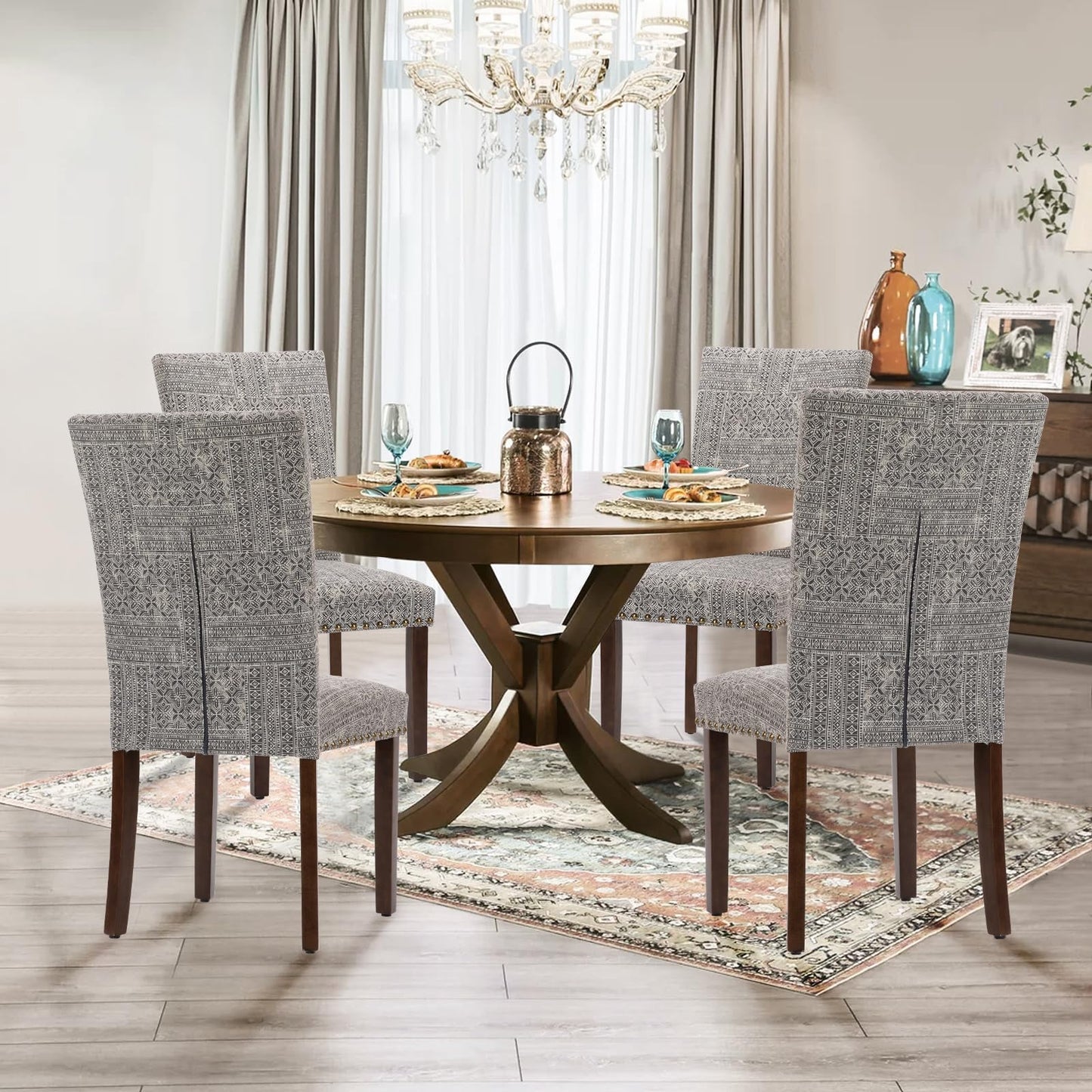 Parsons Dining Chairs Set of 4, Upholstered Nailhead Dining Room Kitchen Side Chair with Thick Cushions and Wood Legs, Black/White