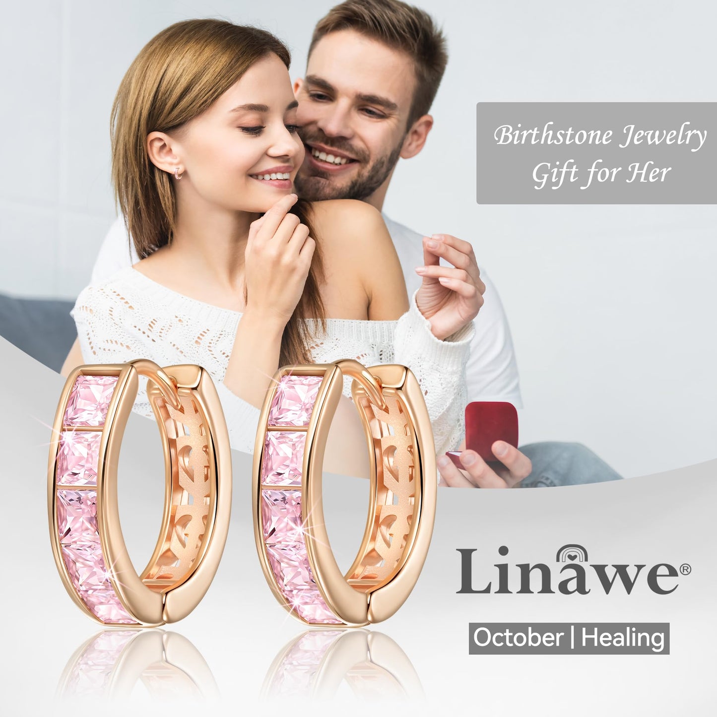 Linawe Pink Cubic Zirconia Hoop Earrings, Rose Gold, Trendy Women's Studs, Flat Back Helix Moissanite Earrings, Cute Small Huggie Earrings, Cartilage Cuff Ear Piercing