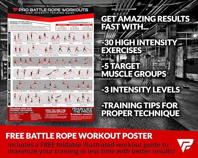 Battle Ropes 50 ft Heavy Duty Battle Rope with Protective Sleeve Black, Plastic, ABS Grip, Adult Strength Training, Cardio, CrossFit